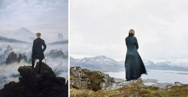 à gauche, le voyageur contemplant une mer de nuages (Caspar David Friedrich, 1818) - à droite, Der Wanderer 2, de la série The New Painting (Elina Brotherus, 2004)