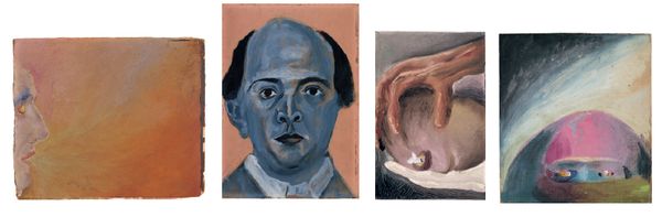 Regard bleu, 1910 Huile sur carton / Autoportrait bleu, 1910 Huile sur contreplaqué / Mains, 1910 Huile sur toile / Regard, vers 1910 Huile sur carton || © Vienne, Centre Arnold Schönberg © Belmont Music Publishers/ Paris, ADAGP, 2016