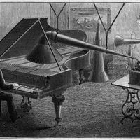 Appareil pour l'enregistrement par le phonographe d'un morceau de piano, une invention de Thomas Alva Edison (1847-1931). Gravure in "La Nature. Revue des sciences et de leurs applications aux arts et a l'industrie", 1889. ©Lee/Leemage