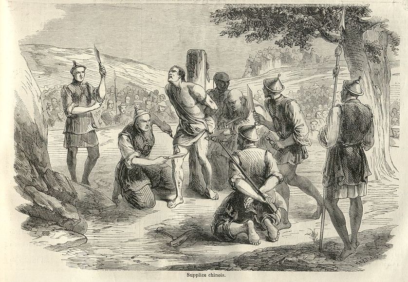 Illustration du Monde illustré de 1858 : scène de torture et d'exécution d'un missionnaire français (Auguste Chapdelaine) en Chine par le supplice du lingchi.