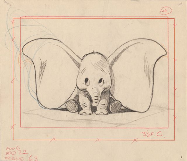 Dessin de Dumbo par Bill Peet, l'un des dessinateurs des studios Disney de 1937 à 1967