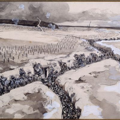Avant une attaque. Soldats dans les tranchées juste avant l'assaut en hiver 1915. Peinture de Andre Devambez (1867-1943), 1915. Paris, Musee Des Deux Guerres Mondiales