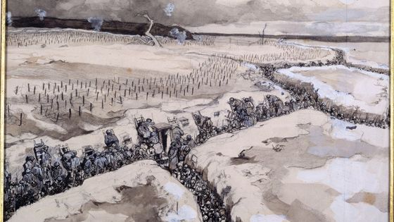 Avant une attaque. Soldats dans les tranchées juste avant l'assaut en hiver 1915. Peinture de Andre Devambez (1867-1943), 1915. Paris, Musee Des Deux Guerres Mondiales ©AFP - PHOTO JOSSE / LEEMAGE