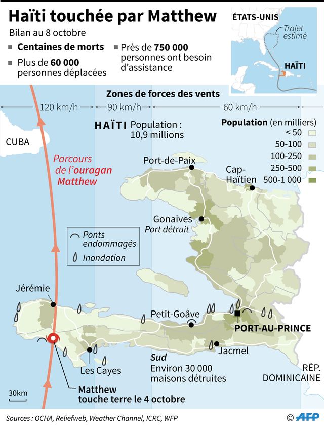 Carte de la région d'Haïti touchée par l'ouragan Matthew, données démographiques et bilan des dévastations