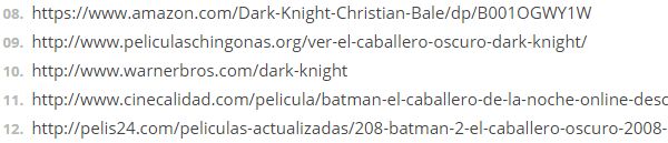 Extrait d'une liste de sites que la Warner demandait à Google de bloquer