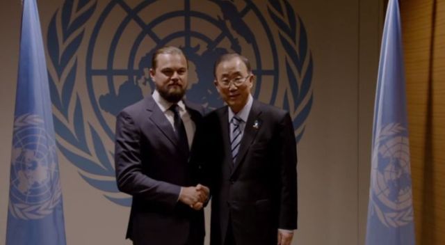Leonardo diCaprio reçu par Ban Ki-Moon à l'ONU, Avant le déluge, de F.Stevens © National Geographic, 2016