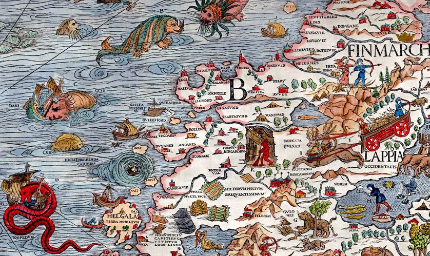 Extrait de la carte Marine d'Olaus Magnus (1539), avec un "serpent de mer", en bas à gauche.