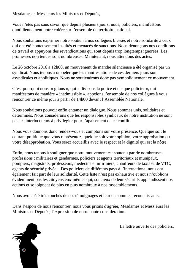 Des policiers exaspérés écrivent une lettre ouverte aux ministres et députés.