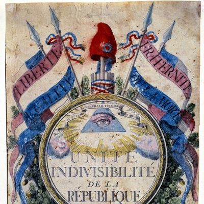 Révolution francaise : "Liberté, égalité, fraternité ou la mort. Unité indivisibilité de la république", les symboles révolutionnaires, 1792. Paris, musee Carnavalet