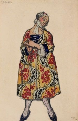 Dessin du costume de Dorotea pour "Les Femmes de bonne humeur", ballet créé au Teatro Costanzi, à Rome, par les Ballets russes de Serge Diaghilev le 12 avril 1917. Crayon, aquarelle et gouache.