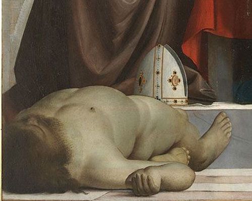 « La Vierge aux tours » -Madonna delle Torri- (1520). Détail en bas à gauche du tableau