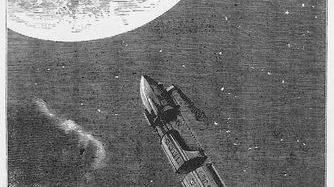 Les trains de projectiles pour la Lune. Dessin (1890) de Montaut pour illustrer l'ouvrage de Jules Verne De la Terre à la Lune.