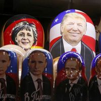 Painted Matryoshka dolls, or Russian nesting dolls, bearing the faces of U.S. Republican presidential nominee Donald Trump, German Chancellor A. Merkel, French President F. Hollande and Russian President V. Putin