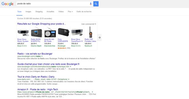 La recherche "poste de radio" fait d'abord ressortir des résultats Google