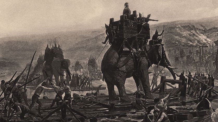 Hannibal et son armée traversant le Rhône. Gravure d'Henri Motte (1878).•