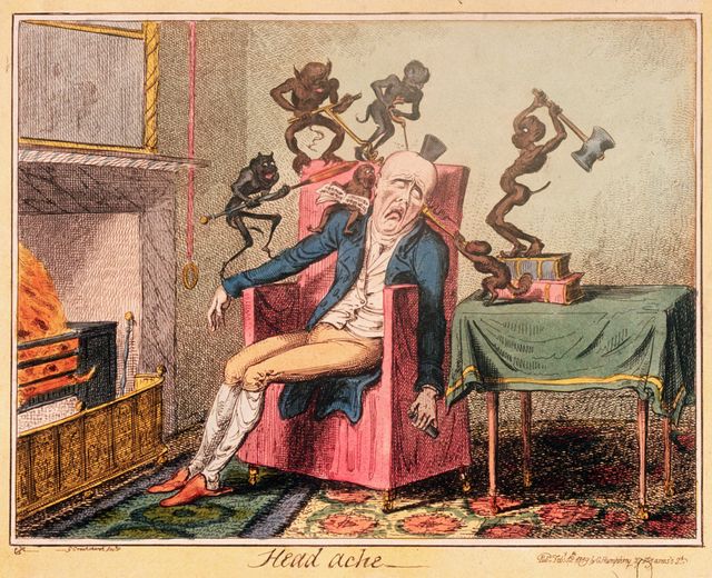Des démons attaquent la tête d'un homme avec des instruments de torture... Illustration de George Cruikshank