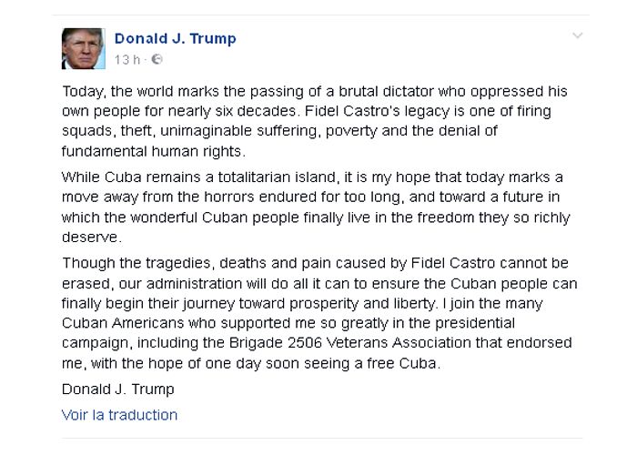 La réaction beaucoup plus critique du nouveau président élu américain sur Facebook