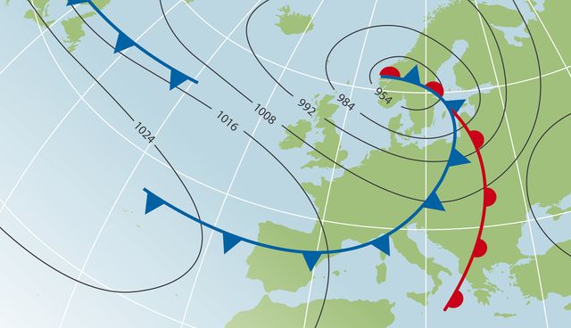 Fronts d'airs froids et chauds sur une carte météo