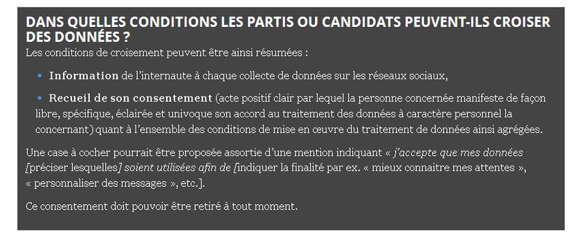 Extrait du communiqué de la CNIL du 8 nov 2016 sur les règles pour l'utilisation des données issues des réseaux sociaux dans le cadre de la communication politique