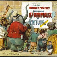 Couverture d'un livre pour enfant, "Les animaux en train de plaisir", de J.Jacquin, illustrations de G.H.Thompson