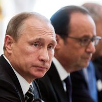 Vladimir Poutine à l'Elysée lors d'un sommet sur l'Ukraine le 2 octobre 2015