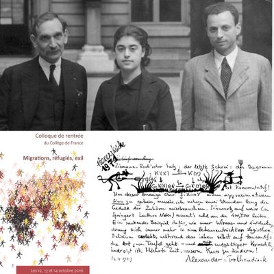 Photographie de Edmond Bauer, Lydia Ochs et Laszlo Tisza entre l'Institut Henri Poincaré et le Collège de France en 1938 / Croquis manuel d'Alexander Grothendieck