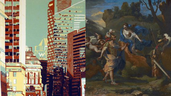 UNION SQUARE I – NYC. Gravure sur bois en couleurs sur papier japon (2014) / Vénus montrant ses armes à Énée, huile sur toile vers 1633-1635 - Pascale Hémery / Nicolas Poussin (MCAH - University of Columbia)