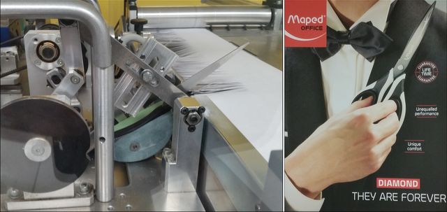 Photo montage : à gauche, le laboratoire Test Ciseaux de Maped © Anne Brunel / A droite, une publicité pour ciseaux Maped