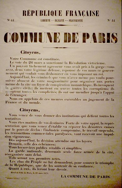 Affiche de la proclamation de la Commune de Paris, le 29 mars 1871, où est exposé son programme politique et social