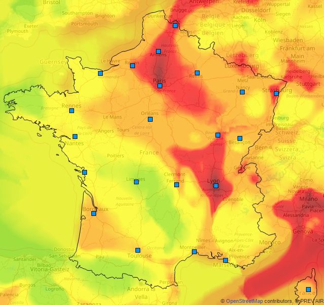 Carte nationale du pic de pollution au 07/12/2016