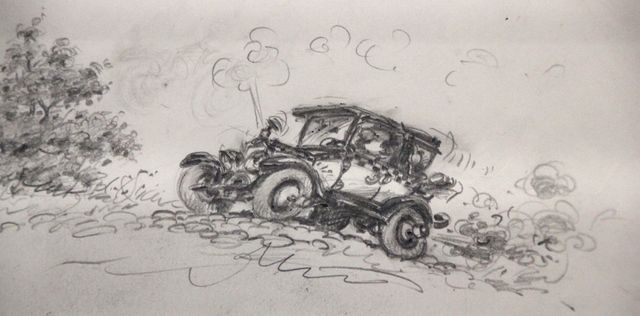 Les croquis préparatoires de Franquin de la fameuse 409 dans l'exposition "Gaston, au delà de Lagaffe"