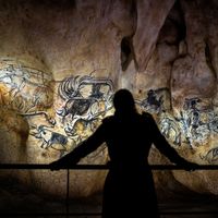 Une visiteuse contemple une reproduction de l'art pariétal de la grotte Chauvet.
