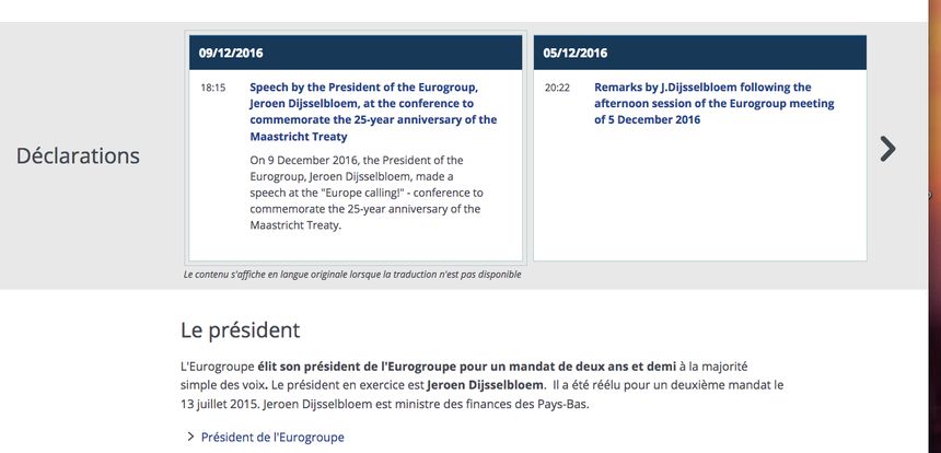 Copie d'écran réalisée le 14/12 à 14h26, aucune trace d'une déclaration de l'Eurogroupe sur la suspension de l'allègement.