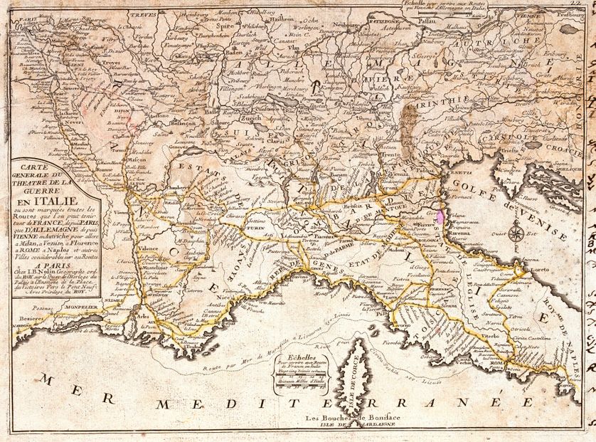 Carte des routes reliant la France aux principales villes italiennes (Milan, Venise, Florence, Rome, Naples) - Gravure extraite de l'atlas le theatre du monde, 1717, de Jean Baptiste Nolin (1686-1762)