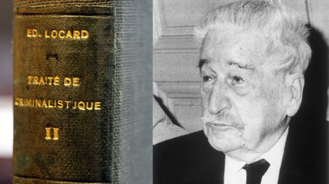 L'un des volumes du traité criminalistique © Pierre Augros/MaxPPP et le portrait d'Edmond Locard
