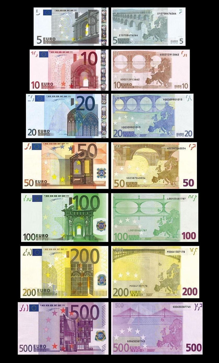 Billets d'une valeur de 5, 10, 20, 50, 100, 200 et 500 euros