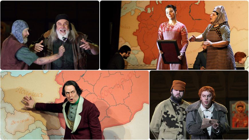 De gauche à droite : Harry Nicoll (Missaïl) & John Tomlinson (Varlaam) - Vlada Borovko (Xenia) & Sarah Pring (Eugenia) - John Graham Hall (Prince Chouiski) - James Platt (capitaine de la garde) & David Butt Philip (Grigory) - © Catherine Ashmore ROH