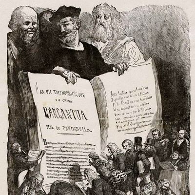 Rabelais présentant Gargantua, Gustave Doré, frontispice de l'édition de 1854, Gallica / Bibliothèque Nationale de France.