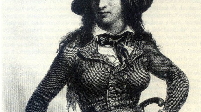 Théroigne de Méricourt en "amazone écarlate de l'Histoire". Gravure d'après une peinture, Auguste Raffet