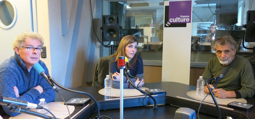 France Culture, studio 152... L'auteur Philippe Dorin, Émilie Le Roux metteure-en-scène & le dessinateur Baudoin (de g.à d.)