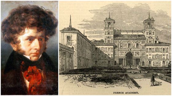 De gauche à droite : portrait de Berlioz en 1832 attribué à Emile Signol - La Villa Médicis vers 1850