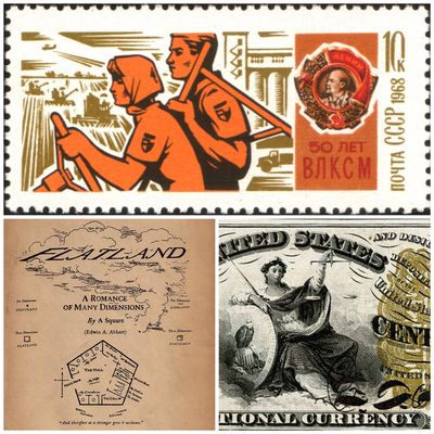 USSR stamp: Agricultural Workers, Harvest and Order of Lenin 25/08/1968 ; couverture du conte Flatland ; Depiction of Justice holding scales on a 50-cent bank note 1862-1876