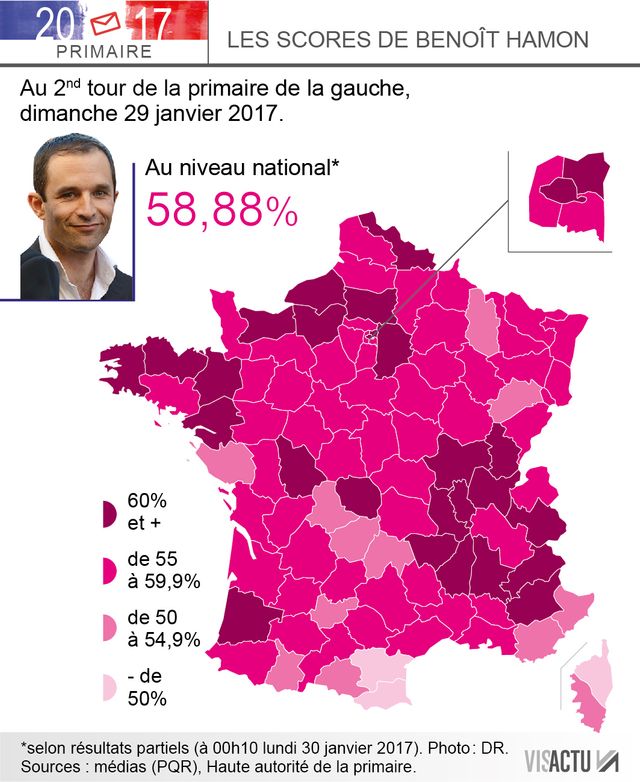 Les scores de Benoît Hamon, département par département
