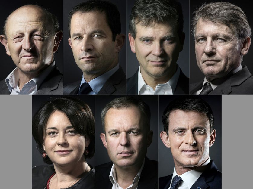 De gauche à droite et de haut en bas : Jean-Luc Bennahmias, Benoît Hamon, Arnaud Montebourg, Vincent Peillon, Sylvia Pinel, François de Rugy et Manuel Valls