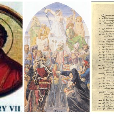 Image de Grégoire VII provenant de la Basilique Saint-Paul-hors-les-Murs à Rome /Spirit of Justice by Ford Madox Brown (1845) / Dictatus papæ, archives du Vatican