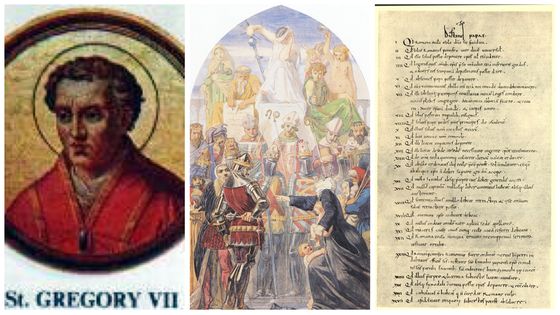 Image de Grégoire VII provenant de la Basilique Saint-Paul-hors-les-Murs à Rome /Spirit of Justice by Ford Madox Brown (1845) / Dictatus papæ, archives du Vatican - Wikicommons