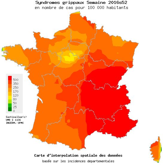 La carte de France de la grippe établie par le réseau de médecins Sentinelle lors de la dernière semaine de 2016