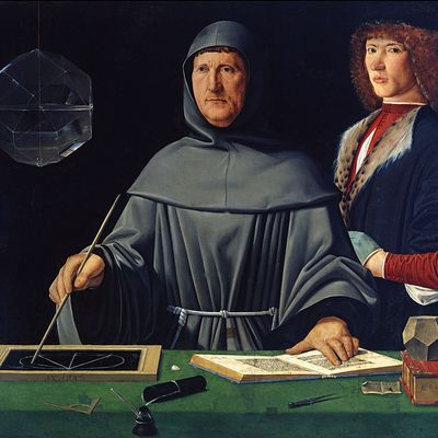 Luca Pacioli avec son élève Guidobaldo Ier de Montefeltro (1495), attribué à Jacopo de' Barbari, in « Lauwers, Luc & Willekens, Marleen : Five Hundred Years of Bookkeeping : A Portrait of Luca Pacioli »