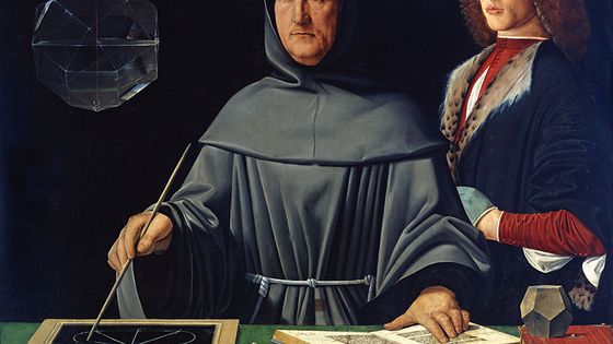 Luca Pacioli avec son élève Guidobaldo Ier de Montefeltro (1495), attribué à Jacopo de' Barbari, in « Lauwers, Luc & Willekens, Marleen : Five Hundred Years of Bookkeeping : A Portrait of Luca Pacioli » - Wikicommons