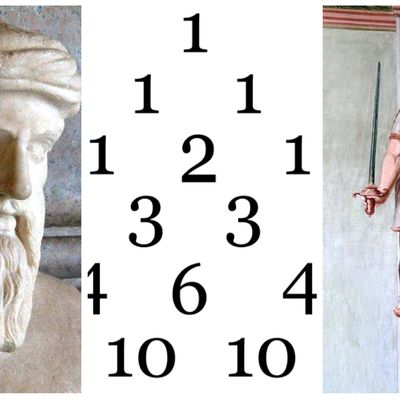 Pythagore, Musées du Capitole, Rome / Triangle de Pascal ou Triangle de Halayudha / Figure de la Justice, Casa Santonja - Palau dels Marau